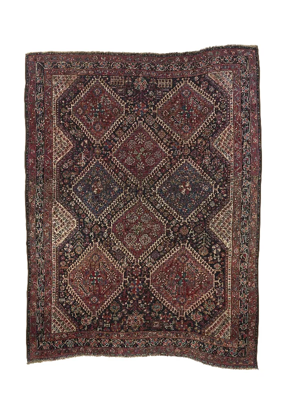 Persian Rug Shiraz Handmade Area Antique Tribal 7'5"x10'0" (7x10) Black Red Geometric Design #32771