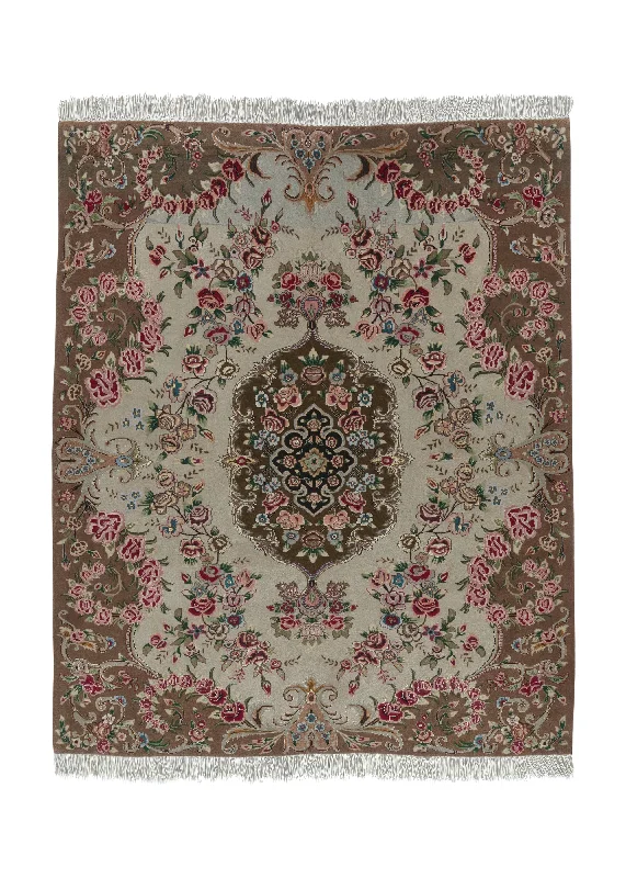 Persian Rug Tabriz Handmade Area Traditional 5'0"x6'1" (5x6) Pink Brown Floral Naghsh Design #35087