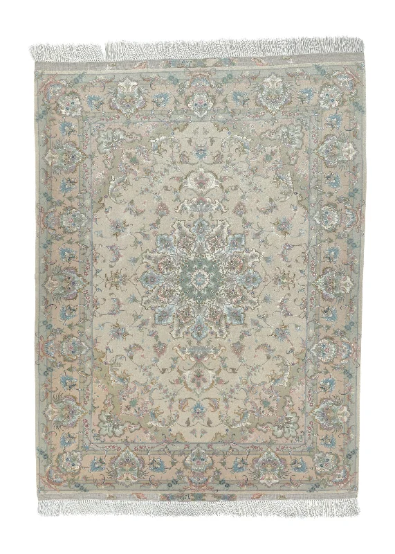 Persian Rug Tabriz Handmade Area Traditional 5'0"x6'5" (5x6) Green Whites/Beige Floral Taraghi Design #35179