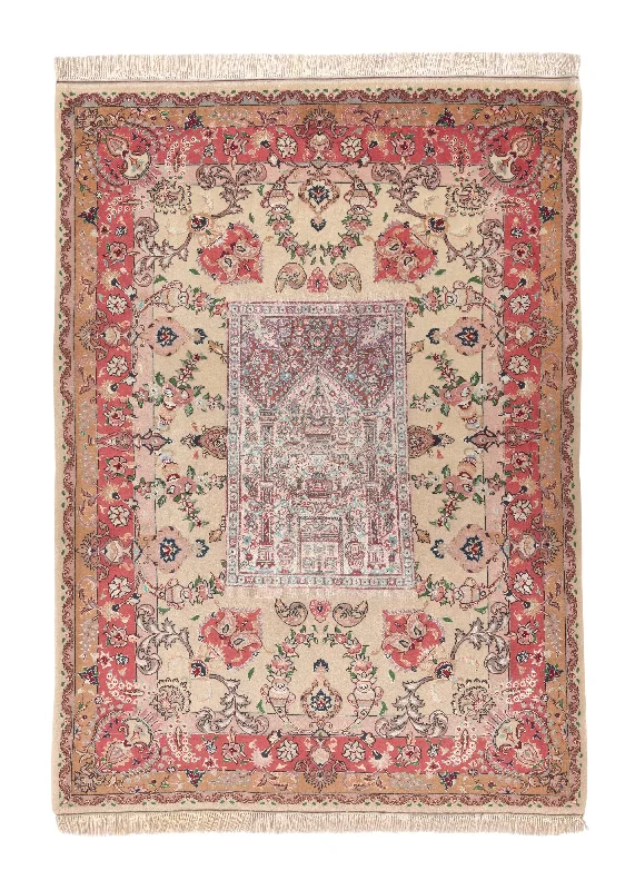 Persian Rug Tabriz Handmade Area Traditional 4'9"x6'7" (5x7) Pink Prayer Rug Floral Design #33552