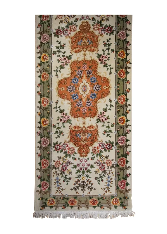 Persian Rug Tabriz Handmade Runner Traditional 2'10"x13'6" (3x14) Whites/Beige Green Pink Floral Naghsh Design #A32795