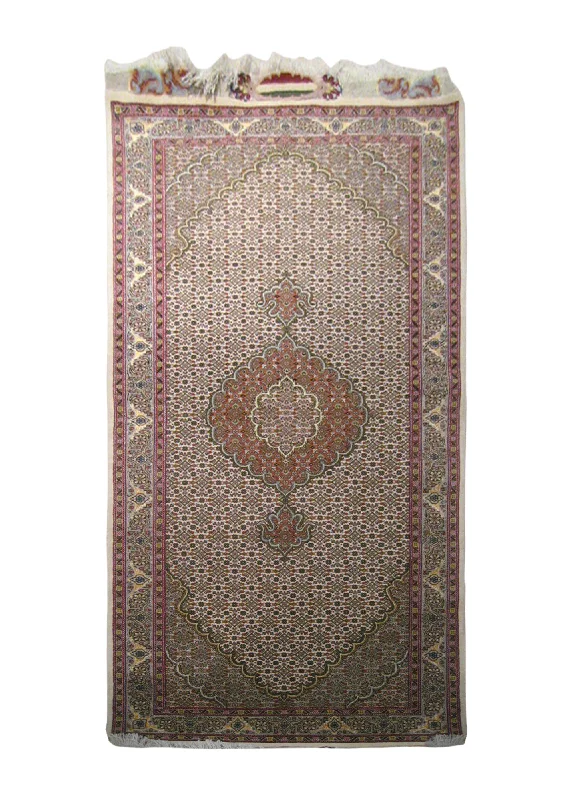 Persian Rug Tabriz Handmade Runner Traditional 2'10"x6'10" (3x7) Green Whites/Beige Mahi Fish Floral Design #A20603