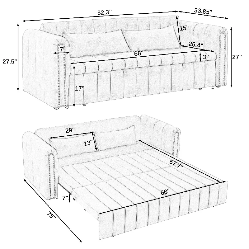 3-in-1 Pull-Out Sleeper Sofa Bed with Rolled Arms & Copper Nail Decor, Convertible Futon with Storage Drawers