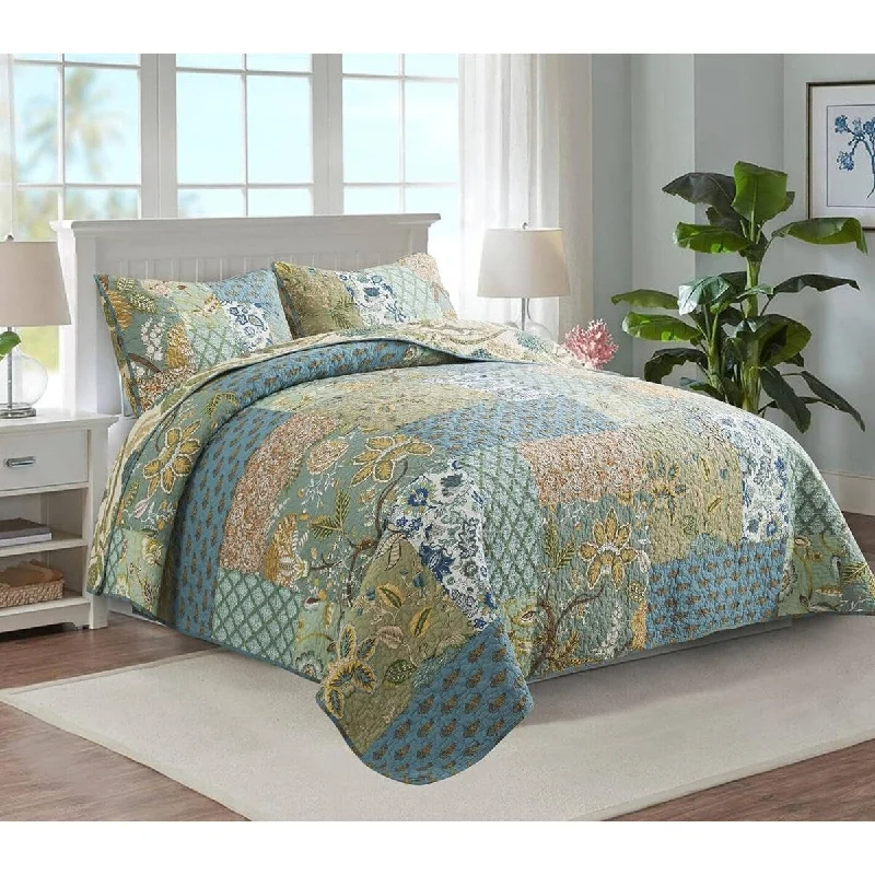 3 PCS Bedspread Quilt Set with Needle Embroidery and Bohemian Floral Pattern