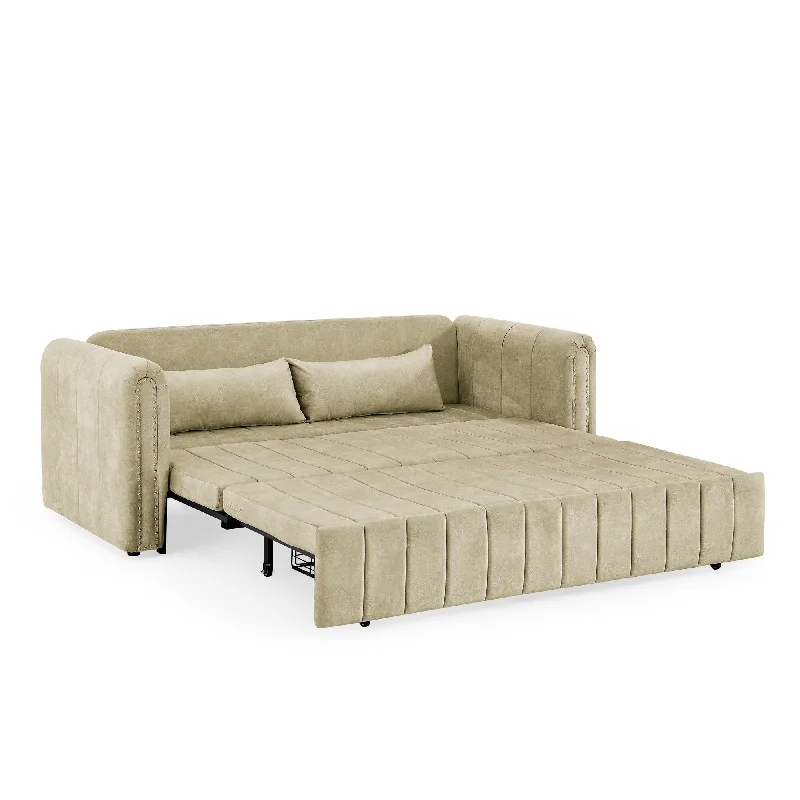 Beige 68" Pull-Out 3-Seater Bed Sleeper Sofa with Copper Nails, Two Drawers