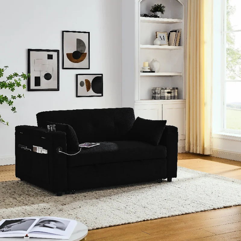 Black 59" Chenille 3-in-1 Loveseat Sofa Bed with USB Power Outlet