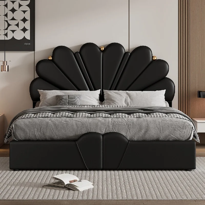 Black Queen Platform Bed Petal Shaped with Hydraulic Storage System