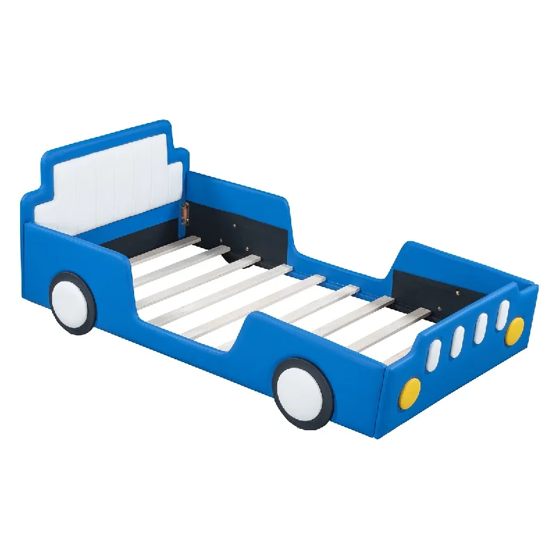 Blue Twin Car-Shaped Platform Upholstered Backrest Bed with Wheels