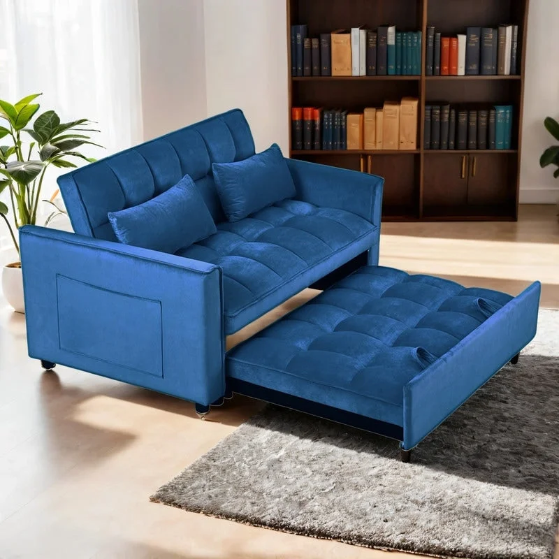 Convertible Velvet Sleeper Sofa Bed with Adjustable Backrest and Side Pockets