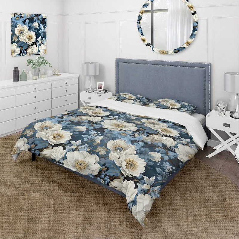 Designart "Arctic Blue And White Botanical Pattern III" cottage bedding set with shams