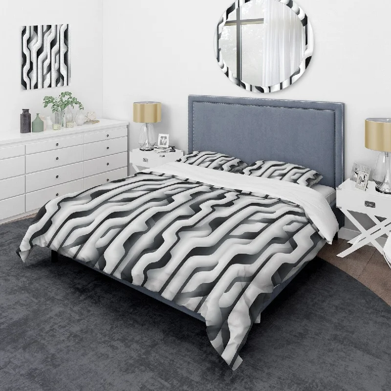 Designart "Black And White Optical Illusion Striped Pattern" Black Modern Bed Cover Set With 2 Shams