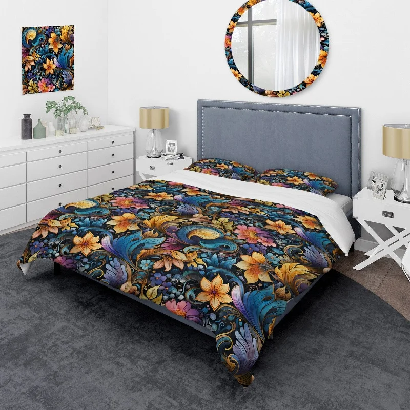 Designart "Blue And Green Flowers Cosmic Harmony I" Blue Cottage Bedding Set With Shams