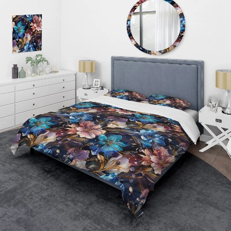 Designart "Blue And Pink Opulent Crystal Flowers" Pink Glam Bedding Cover Set With 2 Shams