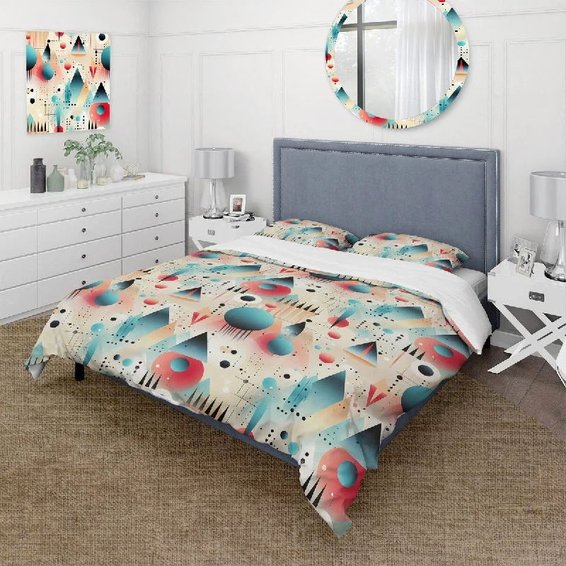 Designart "Blue Funky Retro Triangular Sphere Dream" Beige Abstract Bedding Set With Shams