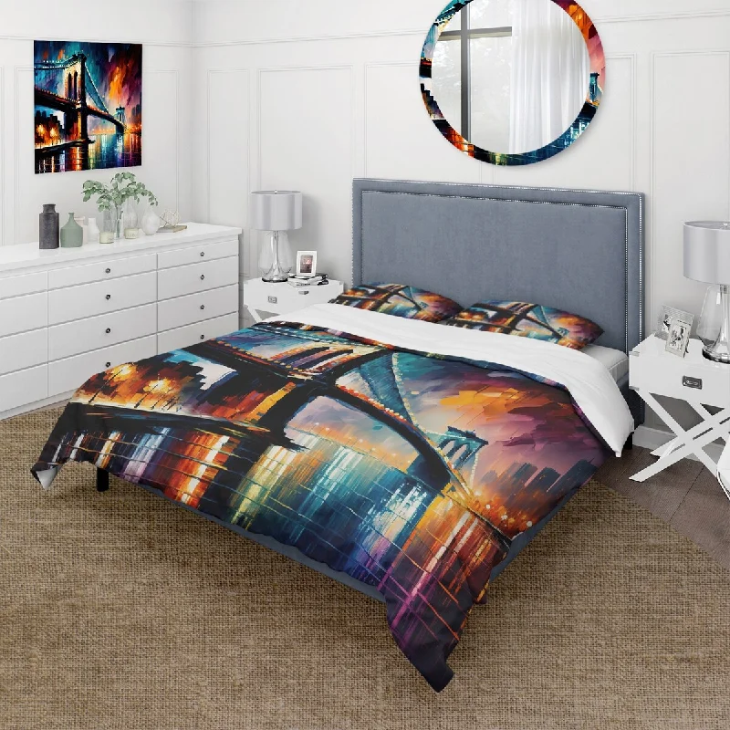 Designart "Colorful Brooklyn Bridge" Multicolor Traditional - Bedding Cover Set With Shams