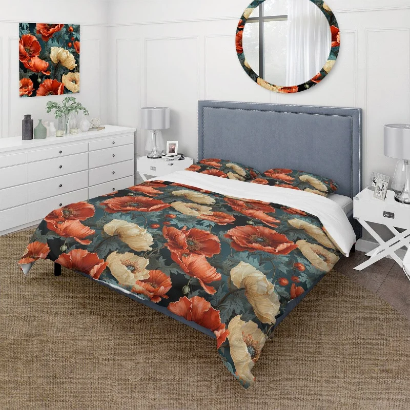 Designart "Coral And Beige Poppy Bliss Meadow III" Coral Floral bedding covert set with 2 shams