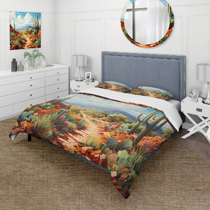 Designart "Coral Green Cactus Desert Guardian Organ" Coral Traditional - Bedding Set With Shams