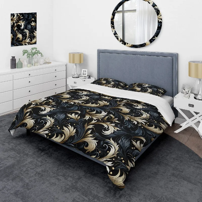 Designart "Damask Black And Grey Calligraphy Flourishes I" Gold Damask bed cover set with 2 shams