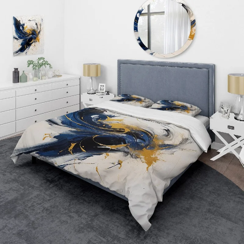 Designart "Dark Blue and Gold Strokes VII" Blue Modern - Bed Cover Set With Shams