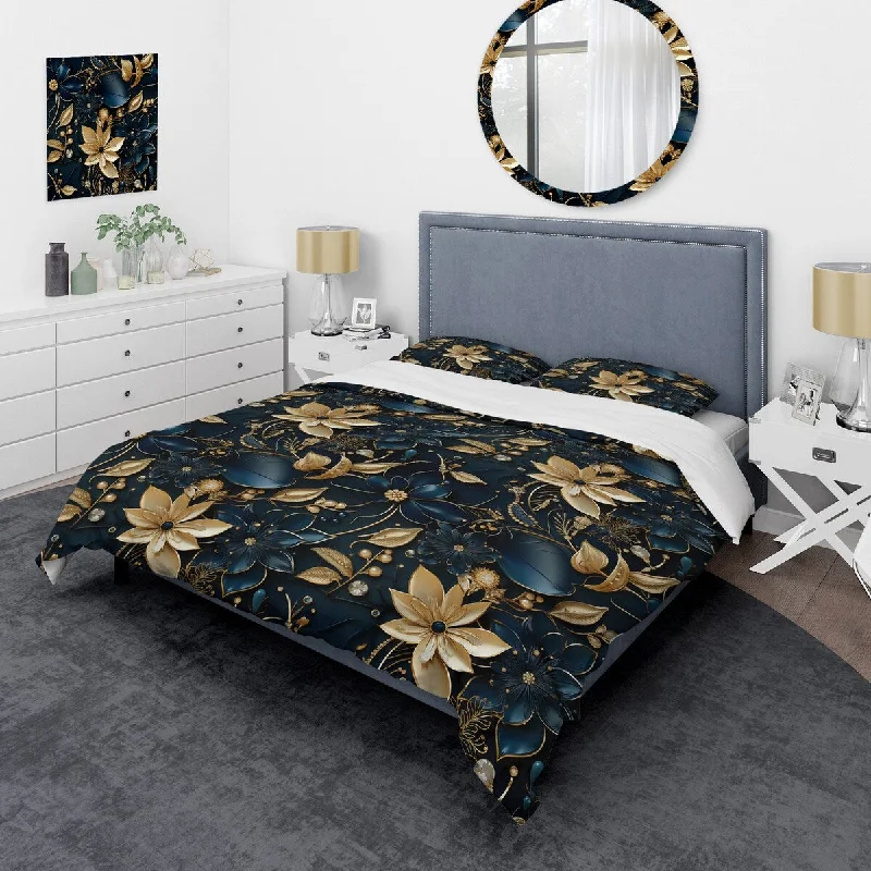 Designart "Glamorous Gold And Sapphire Elegance" Gold Cottage Bedding Cover Set With 2 Shams