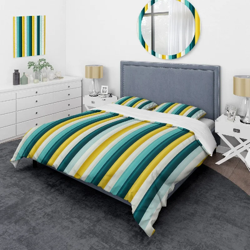 Designart "Green And Yellow Stripes Harmony VI" Yellow Modern Bed Cover Set With 2 Shams