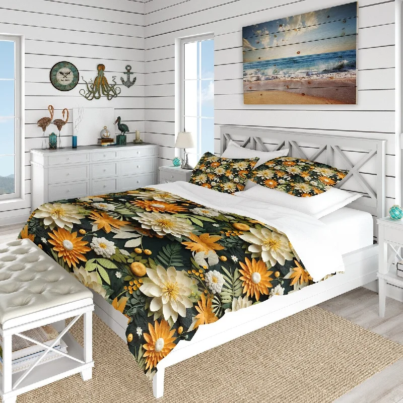 Designart "Mango Bloom Tropical Pattern III" Orange Floral Bedding Cover Set With 2 Shams