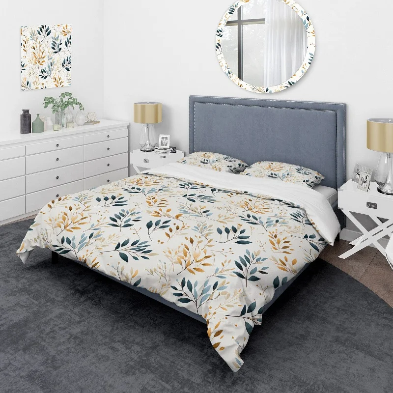 Designart "Minimalist Leaves" Beige Floral Bed Cover Set With 2 Shams