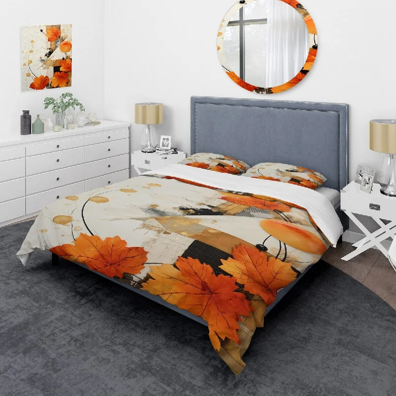 Designart "Orange and white Floral Radiance I" Abstract Collages Bedding Cover Set - Traditional Bed Set with Shams