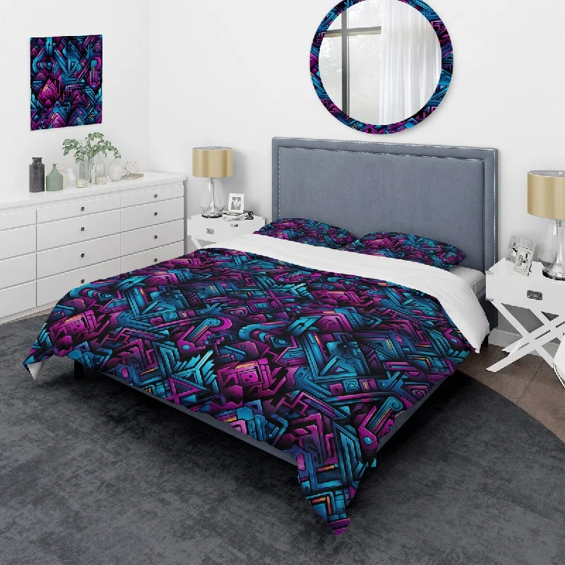 Designart "Popart Techno Tribal Fusion III" Blue Modern Bed Cover Set With 2 Shams