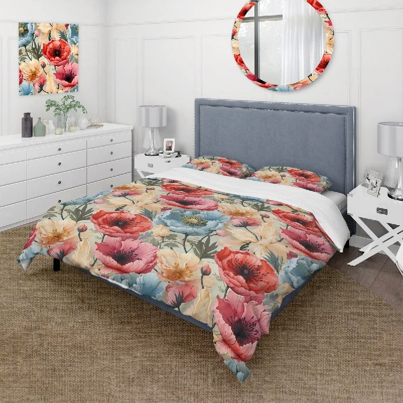 Designart "Red And Beige Poppy Mosaic Melody" Beige Floral bedding covert set with 2 shams