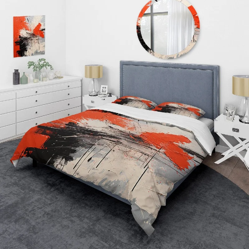 Designart "Red and White Chaos Unleashed I" Abstract Collages Bedding Cover Set - Traditional Bed Set with Shams