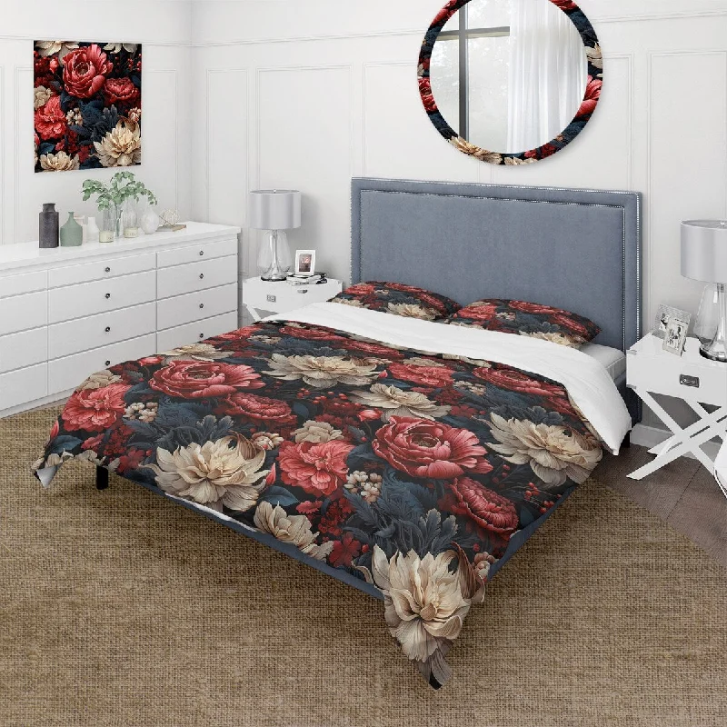 Designart "Red Victorian Opulence Floral Pattern" Beige Cottage Bedding Set With Shams