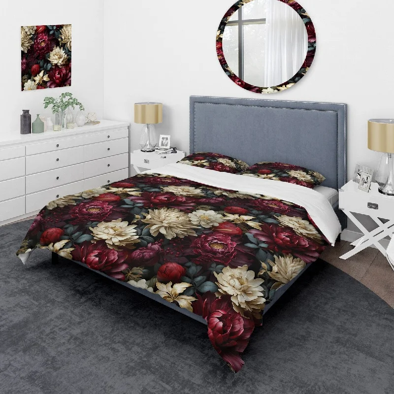 Designart "Renaissance Red Peonies Botanical Pattern I" cottage bedding covert set with 2 shams