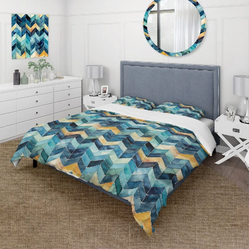 Designart "Watercolor Delight Blue Chevron Pattern" glam bedding covert set with 2 shams