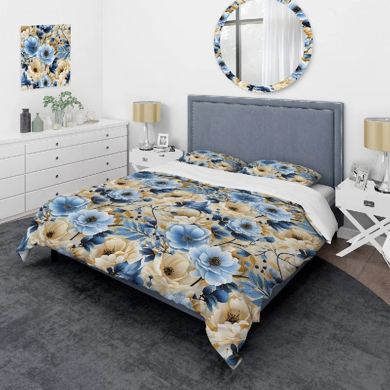 Designart "White And Blue Bouquet Bliss Floral Pattern I" Cottage Bedding Set With Shams