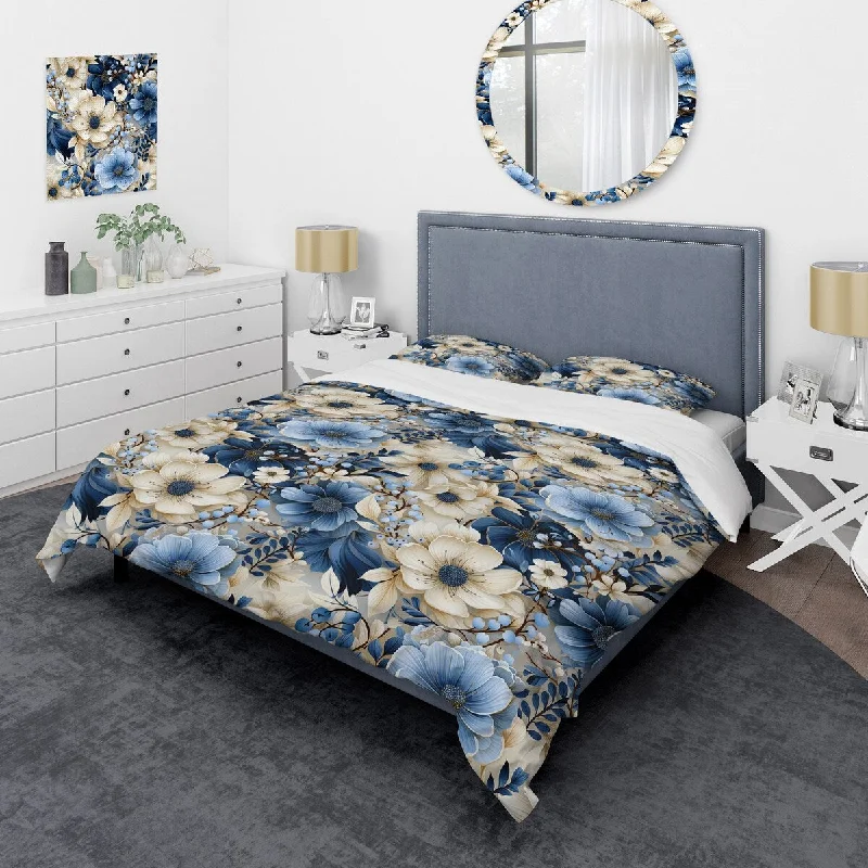 Designart "White And Blue Ranunculus Fauna Pattern II" White Cottage Bedding Covert Set With 2 Shams