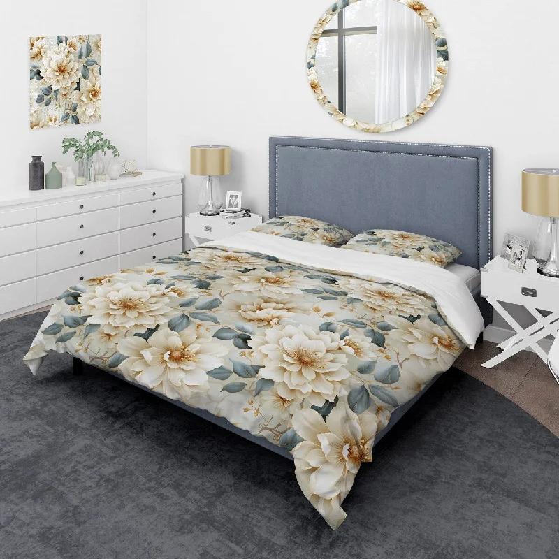 Designart "White Mandalas Chrysanthemum Boho Pattern I" cottage bedding covert set with 2 shams