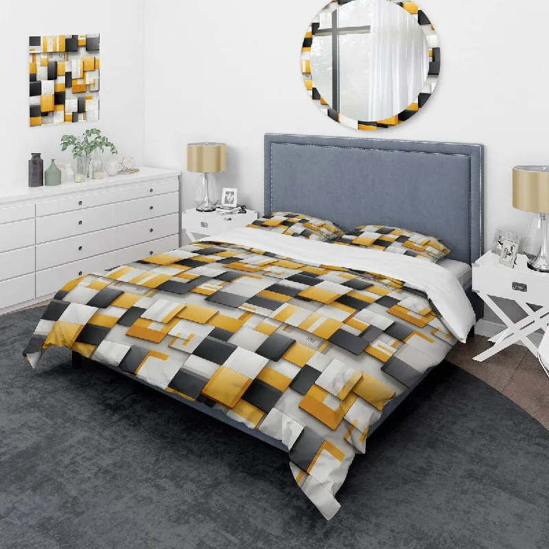 Designart "Yellow And Grey Geometric Blocks Harmony II" Grey modern bedding covert set with 2 shams