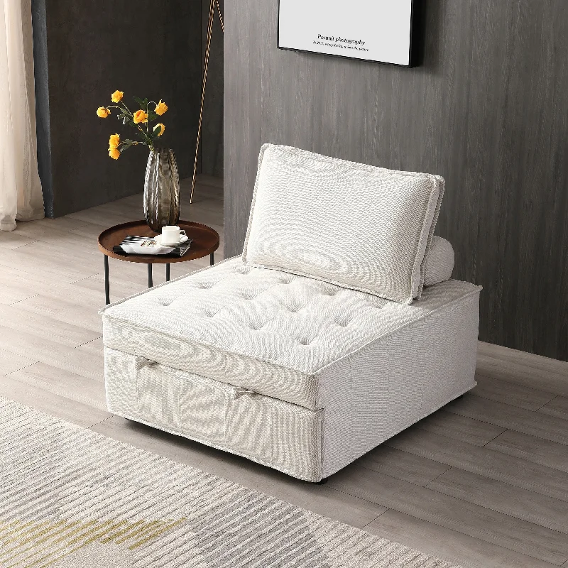 Elegant Linen Ottoman Sofa Bed - Space-Saving Design Converts from Chair to Bed.