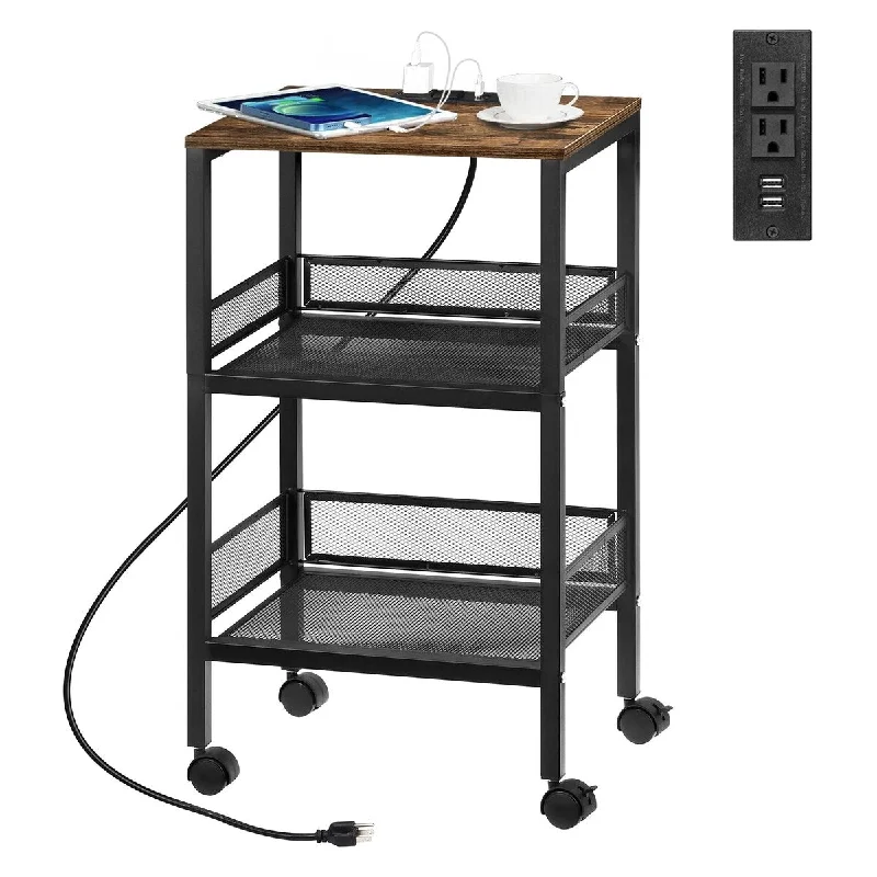 End Table, Side Table with Charging Station, 3-Tier Tall Bedside Table with USB Ports and Power Outlets for Living Room