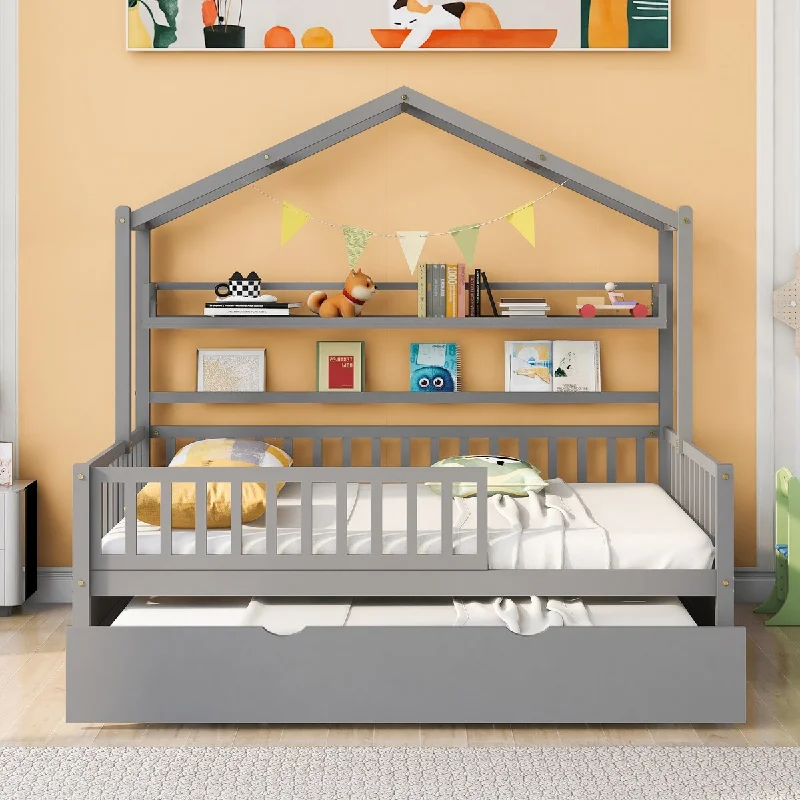 Full Size House Bed with Trundle, Twin Playhouse Platform Bed Frame with Storage Shelves, Montessori Be for Kids Teens, Gray