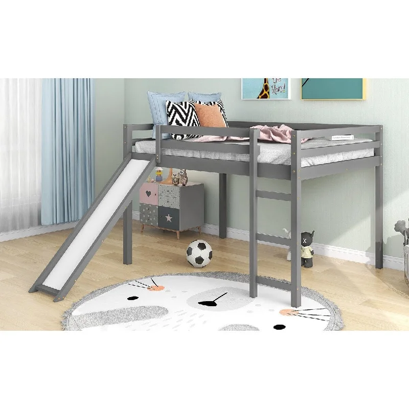 Full Size Loft Bed with Slide and Ladder, Under Bed Storage, Gray