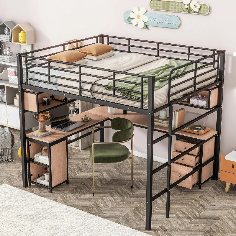 Full Size Metal Loft Bed with L-Shaped Desk and Storage Bookcase