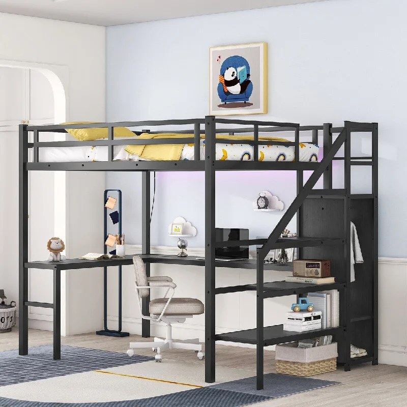 Full Size Metal Storage Loft Bed with USB and L-shaped Desk, Shelves