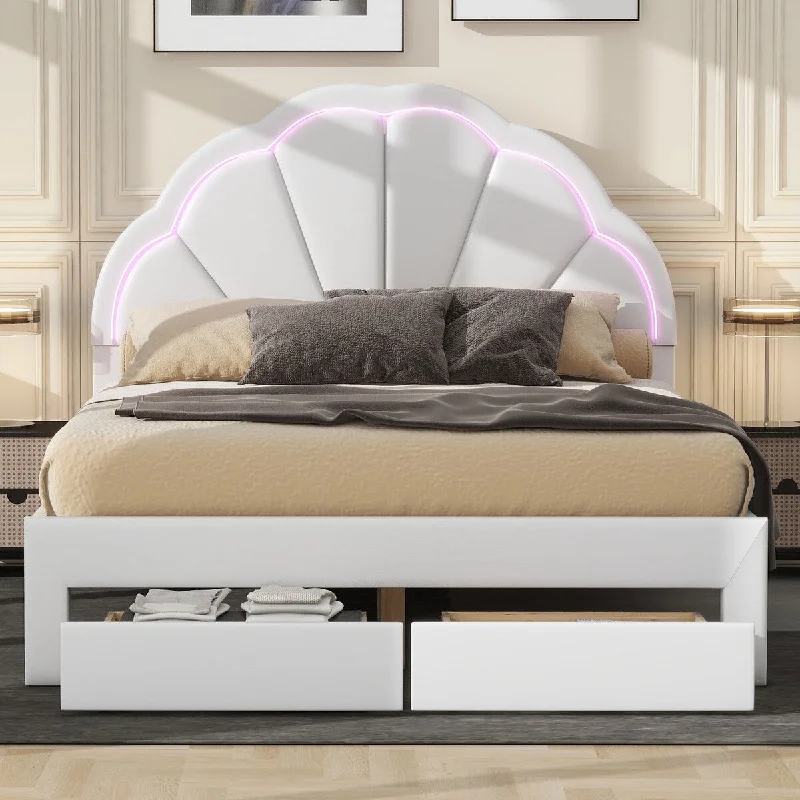 Full Size PlatformUpholstered Bed w/ Petal Shaped Headboard,Kids Wood Bed Frame w/ LED Light & 2 Drawers for Girls Boys, White