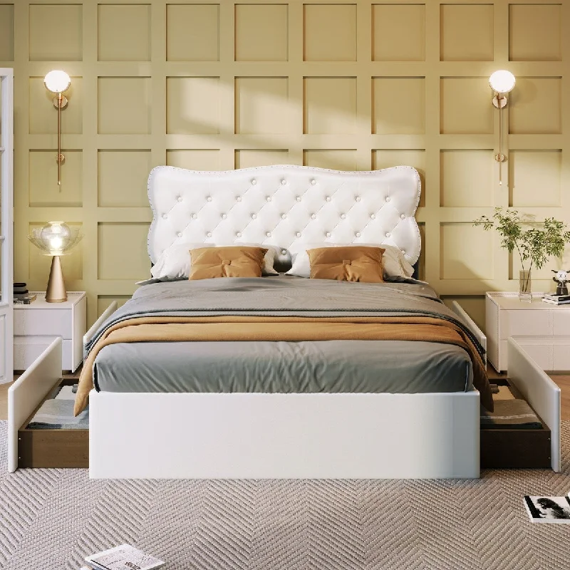 Full Upholstered Storage Bed with 4 Drawers&Leather Platform Bed