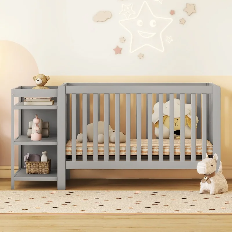 Gray 3-in-1 Convertible Crib and Changer Changing Table with Adjustble Height Full Size Toddler Bed and Converts Daybed