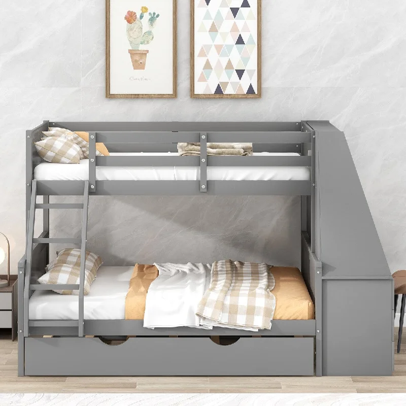 Gray Twin Over Full Size Bunk Bed w/ Trundle and Ladder, Built-in Desk