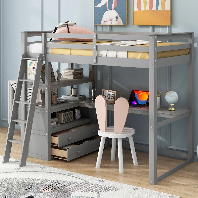 Gray Twin Size Loft Storage Bed with Desk and Shelves, 2 Drawers