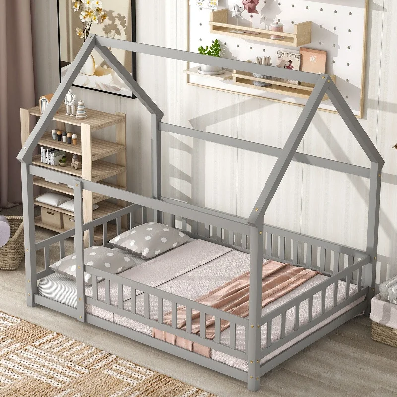 Grey Full Size House Floor Bed with House Roof and Fence Guardrails